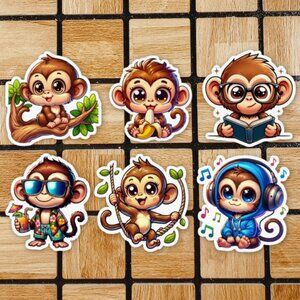 Kawaii Monkey Sticker Pack of 12 Vinyl Stickers Waterproof 3" Size Sticker Set